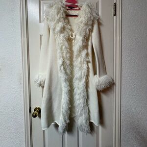 Vintage 90s Beige Ivory Bebe Faux Fur Cardigan Sweater Size Small Y2K Grunge